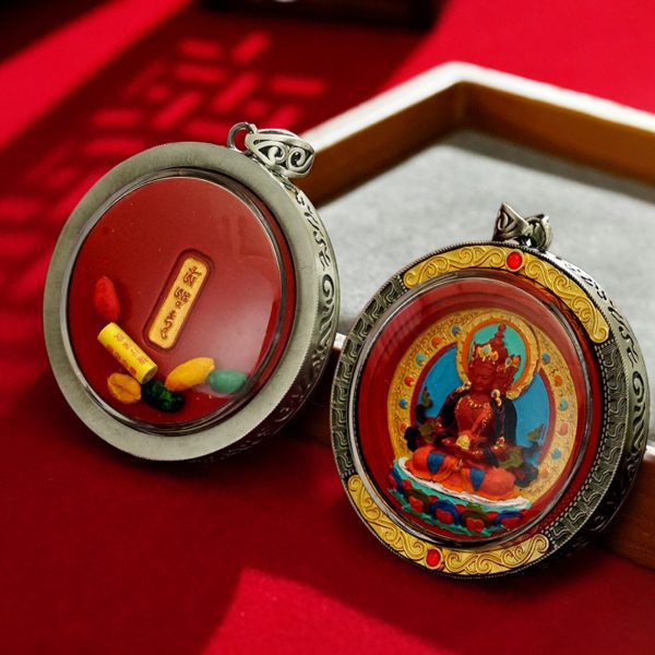 Mysterious gifts Round Cinnabar Hand-Painted Thangka Buddha Pendant Necklace
