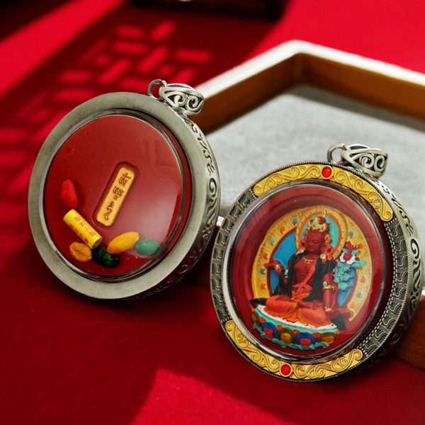 Mysterious gifts Round Cinnabar Hand-Painted Thangka Buddha Pendant Necklace