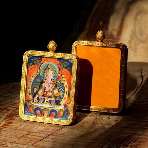 Mysterious gifts Hand-Painted 3D Thangka Brass Buddha Pendant Necklace (Gawu Box)