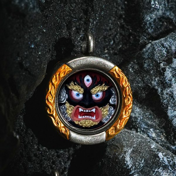 Mysterious gifts Brass Flame Pattern Hand-Painted Zakiram Thangka Pendant Necklace