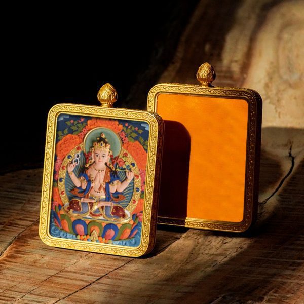 Mysterious gifts Hand-Painted 3D Thangka Brass Buddha Pendant Necklace (Gawu Box)