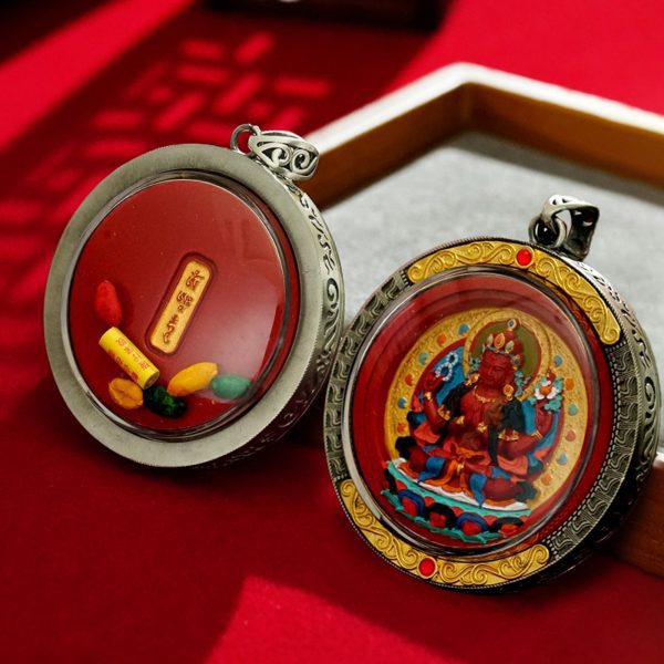 Mysterious gifts Round Cinnabar Hand-Painted Thangka Buddha Pendant Necklace