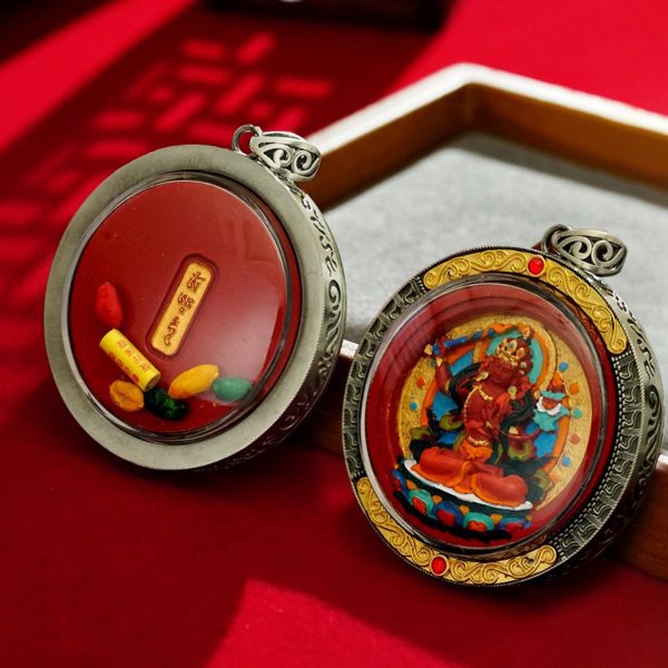 Mysterious gifts Round Cinnabar Hand-Painted Thangka Buddha Pendant Necklace