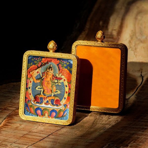 Mysterious gifts Hand-Painted 3D Thangka Brass Buddha Pendant Necklace (Gawu Box)