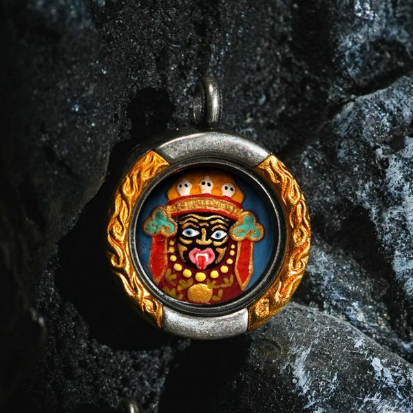 Mysterious gifts Brass Flame Pattern Hand-Painted Zakiram Thangka Pendant Necklace