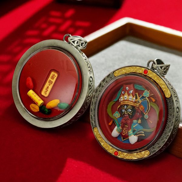 Mysterious gifts Round Cinnabar Hand-Painted Thangka Buddha Pendant Necklace