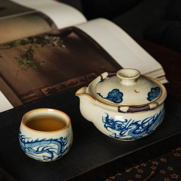 Mysterious gifts Ru Kiln Blue and White Porcelain Dragon Pattern Tea Set