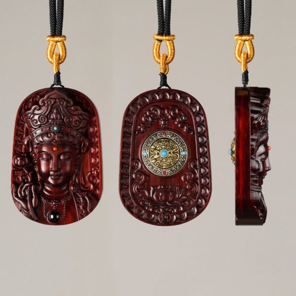 Mysterious gifts Hand-Carved Sandalwood Guanyin Buddha Pendant Necklace