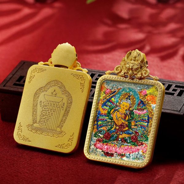 Mysterious gifts Handcrafted Colored Sand Brass Thangka Buddha Pendant Necklace