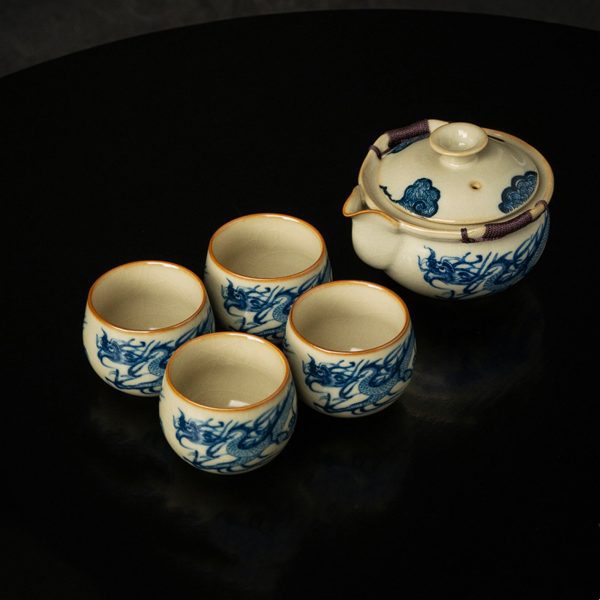 Mysterious gifts Ru Kiln Blue and White Porcelain Dragon Pattern Tea Set