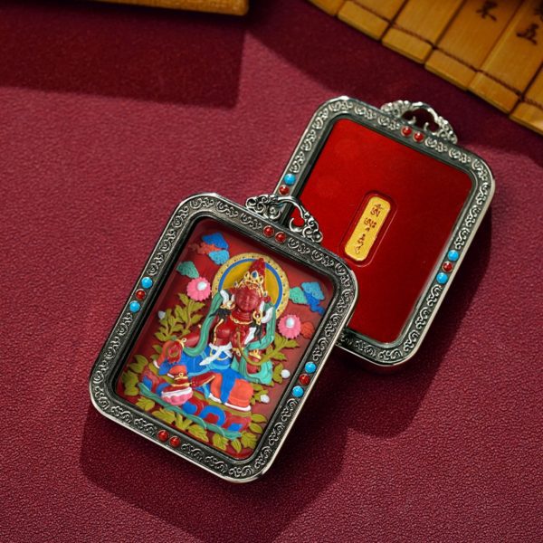 Mysterious gifts Hand-Painted White Copper Tibetan Buddhist Pendant Necklace with Cinnabar