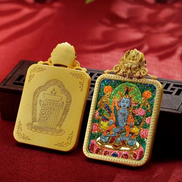 Mysterious gifts Handcrafted Colored Sand Brass Thangka Buddha Pendant Necklace