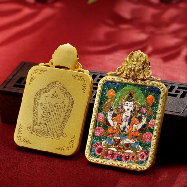 Mysterious gifts Handcrafted Colored Sand Brass Thangka Buddha Pendant Necklace