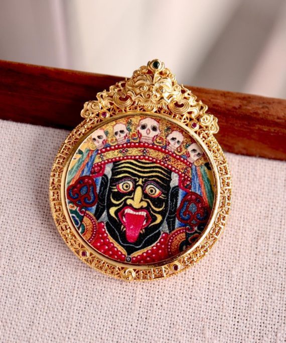 Tibetan Hand-Painted Zakiram Thangka Pendant Necklace with Silver & Mother-of-Pearl