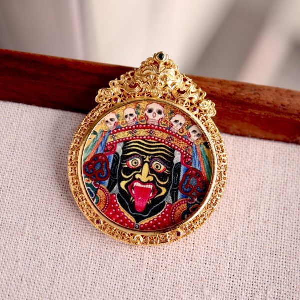 Tibetan Hand-Painted Zakiram Thangka Pendant Necklace with Silver & Mother-of-Pearl