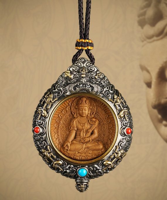 Mysterious gifts Hand-Carved White Brass and Tibetan Silver Buddha Pendant Necklace with Sandalwood