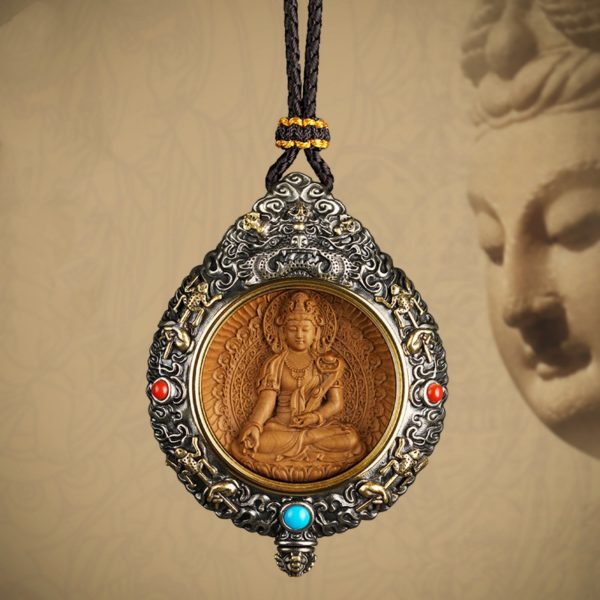 Mysterious gifts Hand-Carved White Brass and Tibetan Silver Buddha Pendant Necklace with Sandalwood