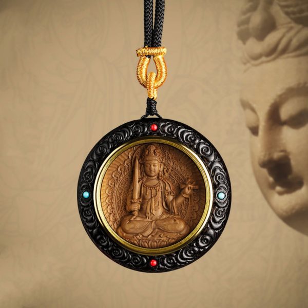 Mysterious gifts Hand-Carved Sandalwood Guardian Buddha Pendant Necklace