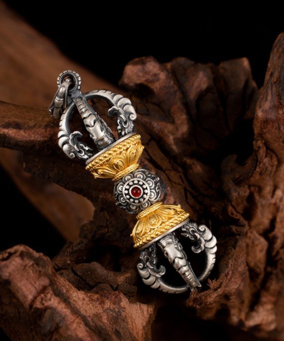 Tibetan Buddhist Vajra Ruby Sterling Silver Pendant