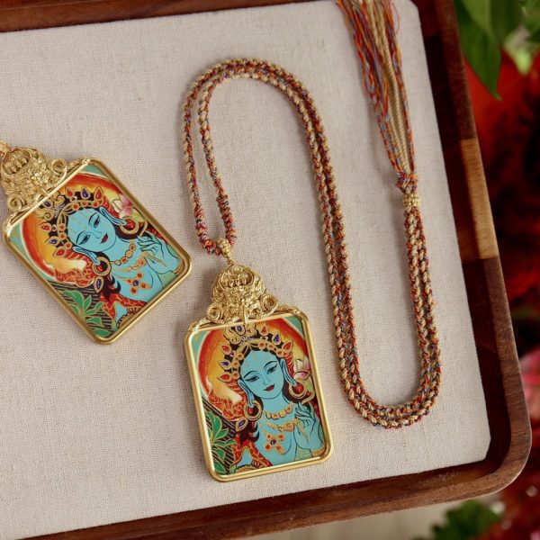 Tibetan Hand-Painted Green Tara Thangka Pendant Necklace with Potala Palace Design