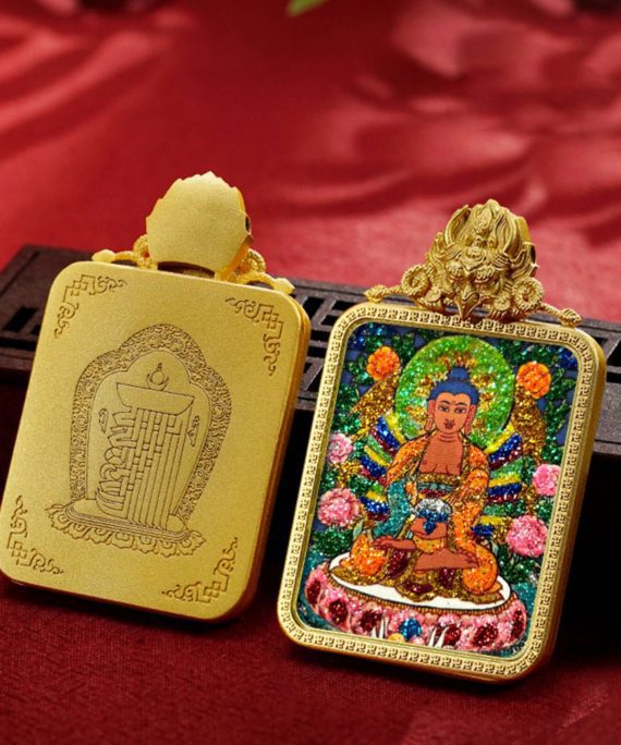 Mysterious gifts Handcrafted Colored Sand Brass Thangka Buddha Pendant Necklace