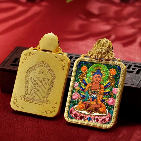 Mysterious gifts Handcrafted Colored Sand Brass Thangka Buddha Pendant Necklace