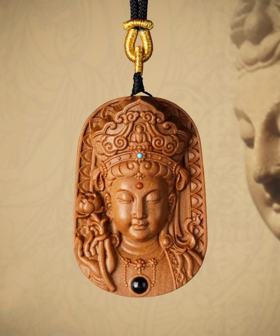 Mysterious gifts Hand-Carved Sandalwood Guanyin Buddha Pendant Necklace