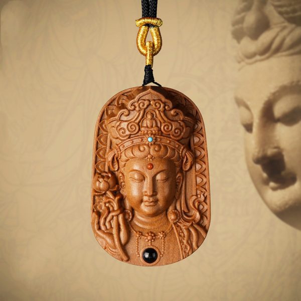 Mysterious gifts Hand-Carved Sandalwood Guanyin Buddha Pendant Necklace