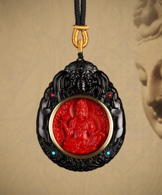 Mysterious gifts Hand-Carved Black Sandalwood and Cinnabar Guardian Buddha Pendant Necklace