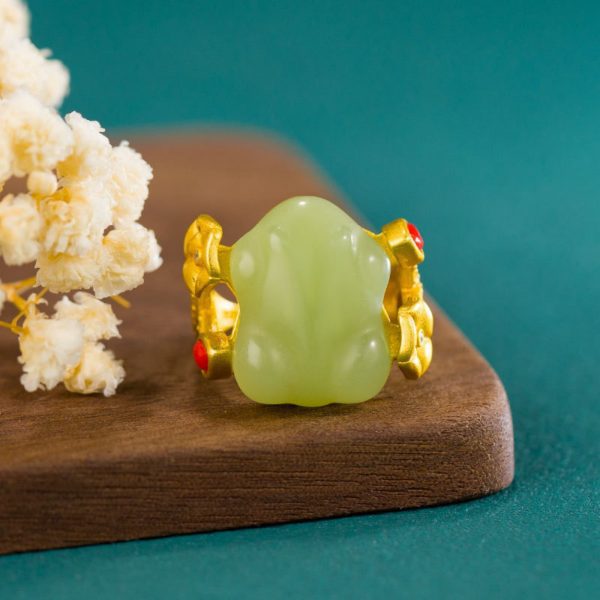 Mysterious gifts Adjustable Wealth Symbol Gold Inlaid Jade Ring
