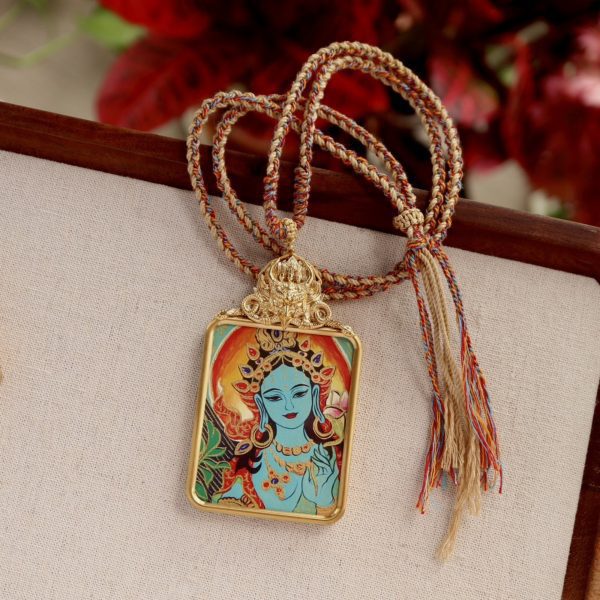 Tibetan Hand-Painted Green Tara Thangka Pendant Necklace with Potala Palace Design