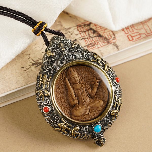 Mysterious gifts Hand-Carved White Brass and Tibetan Silver Buddha Pendant Necklace with Sandalwood