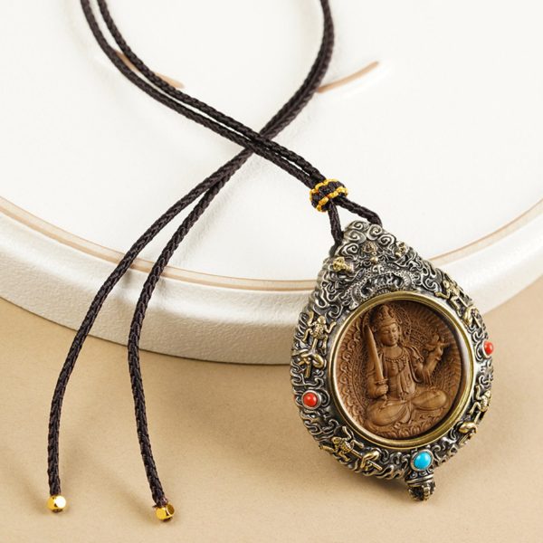 Mysterious gifts Hand-Carved White Brass and Tibetan Silver Buddha Pendant Necklace with Sandalwood