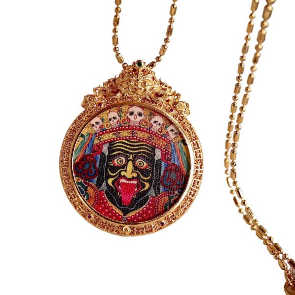 Tibetan Hand-Painted Zakiram Thangka Pendant Necklace with Silver & Mother-of-Pearl