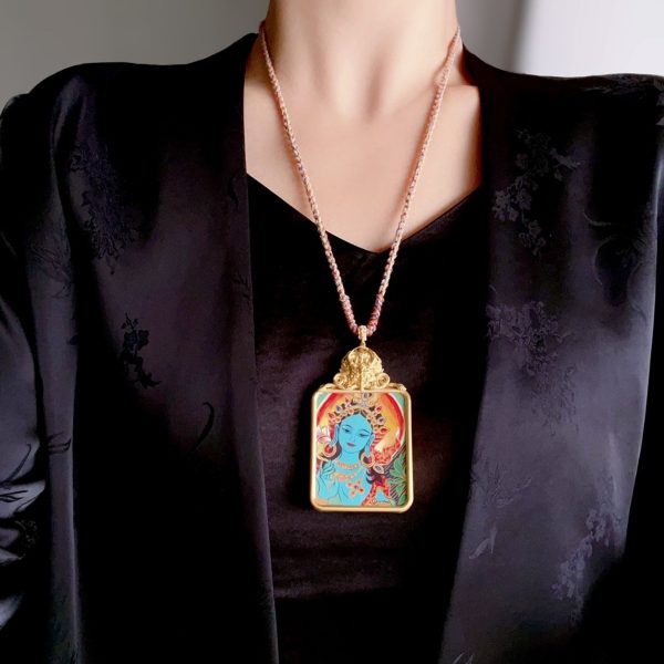 Tibetan Hand-Painted Green Tara Thangka Pendant Necklace with Potala Palace Design