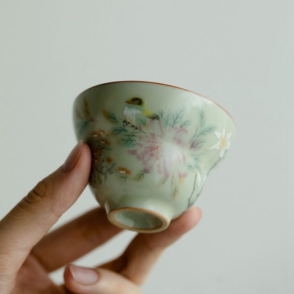 Mysterious gifts Ru Kiln Flower and Bird Pattern Handmade Ceramic Cup