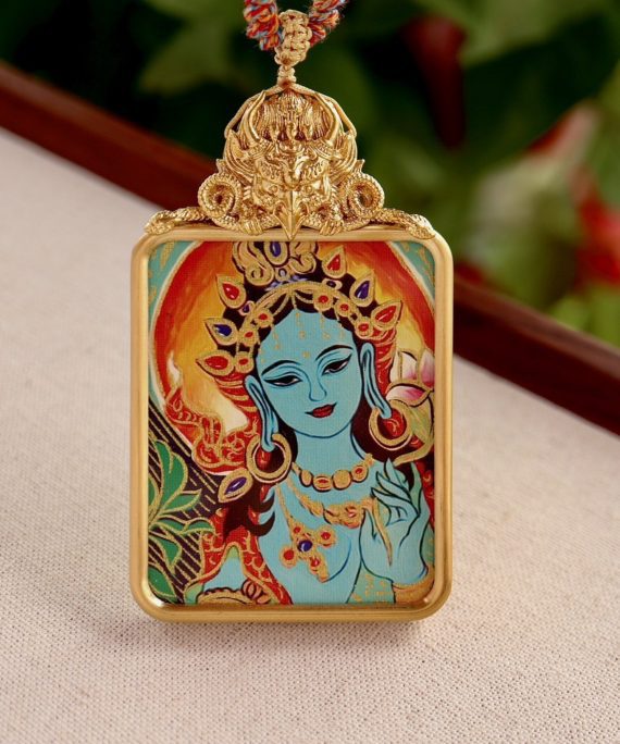 Tibetan Hand-Painted Green Tara Thangka Pendant Necklace with Potala Palace Design