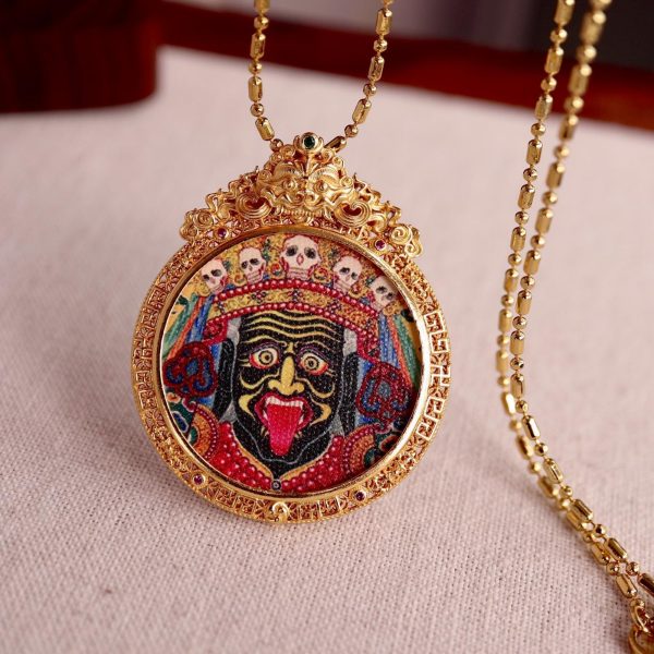Tibetan Hand-Painted Zakiram Thangka Pendant Necklace with Silver & Mother-of-Pearl
