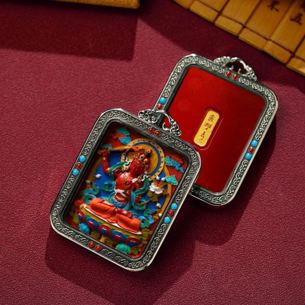 Mysterious gifts Hand-Painted White Copper Tibetan Buddhist Pendant Necklace with Cinnabar