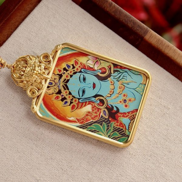 Tibetan Hand-Painted Green Tara Thangka Pendant Necklace with Potala Palace Design