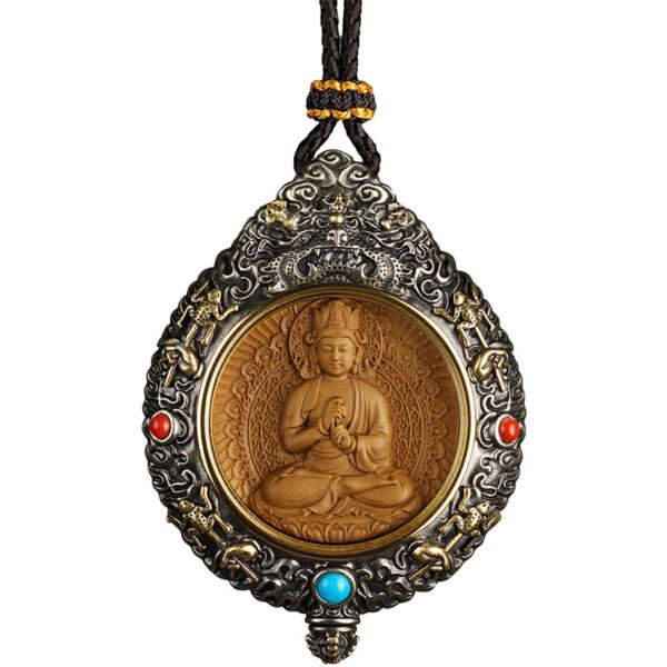 Mysterious gifts Hand-Carved White Brass and Tibetan Silver Buddha Pendant Necklace with Sandalwood