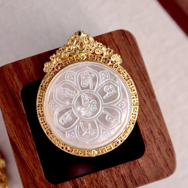 Tibetan Hand-Painted Zakiram Thangka Pendant Necklace with Silver & Mother-of-Pearl