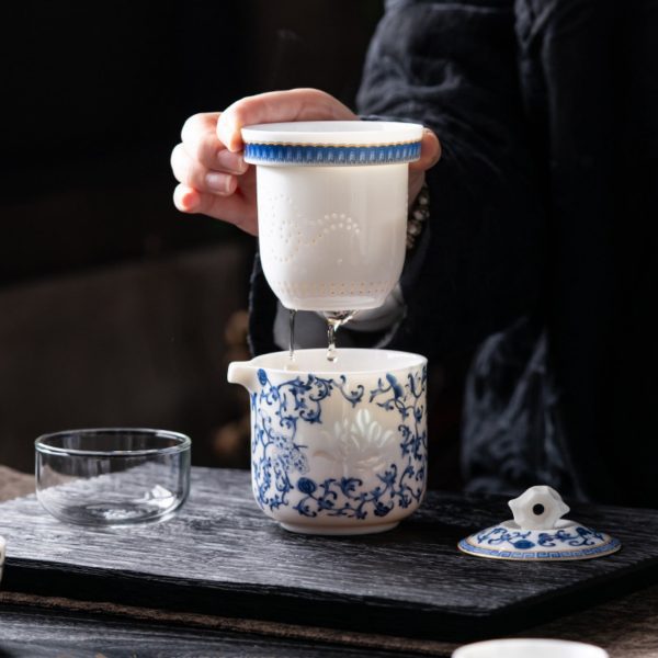 Blue and White Pattern Linglong Nephrite Porcelain Tea Set