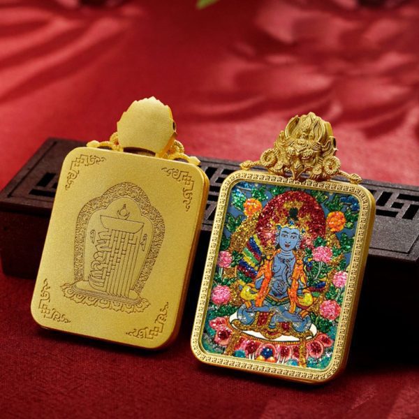 Mysterious gifts Handcrafted Colored Sand Brass Thangka Buddha Pendant Necklace