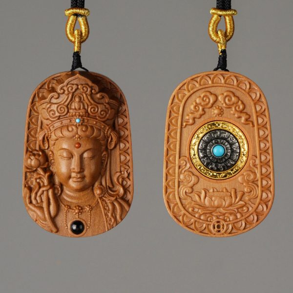 Mysterious gifts Hand-Carved Sandalwood Guanyin Buddha Pendant Necklace