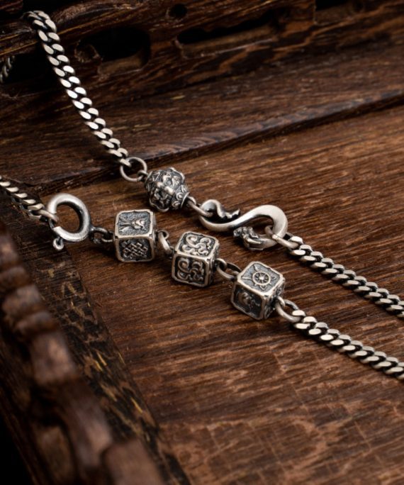 Eight Auspicious Symbols Sterling Silver Tibetan Buddhist Necklace