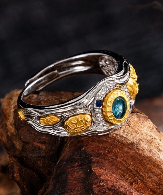 Gem-Embellished Zakiram Sterling Silver Tibetan Buddhist Ring