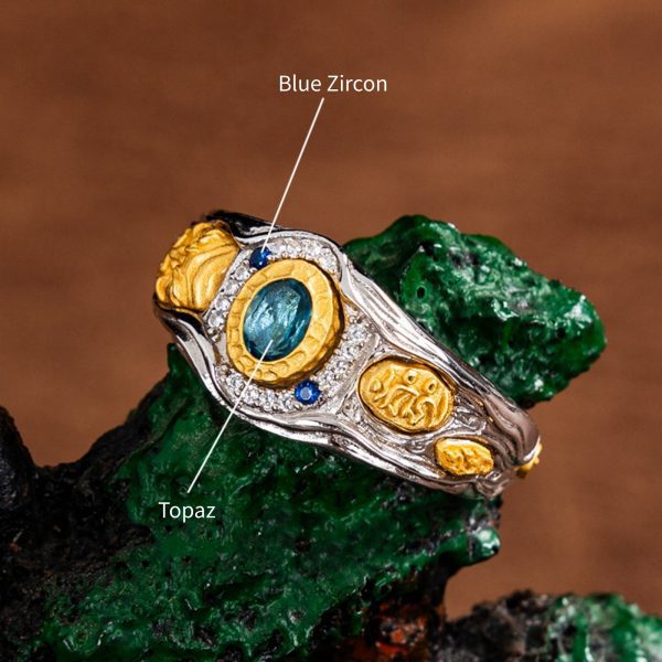 Gem-Embellished Zakiram Sterling Silver Tibetan Buddhist Ring