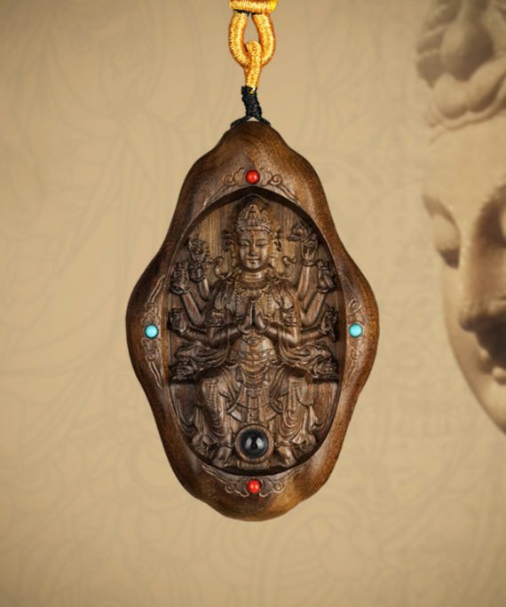 Hand-Carved JinSi Nanmu Thousand-Armed Guanyin Pendant Necklace