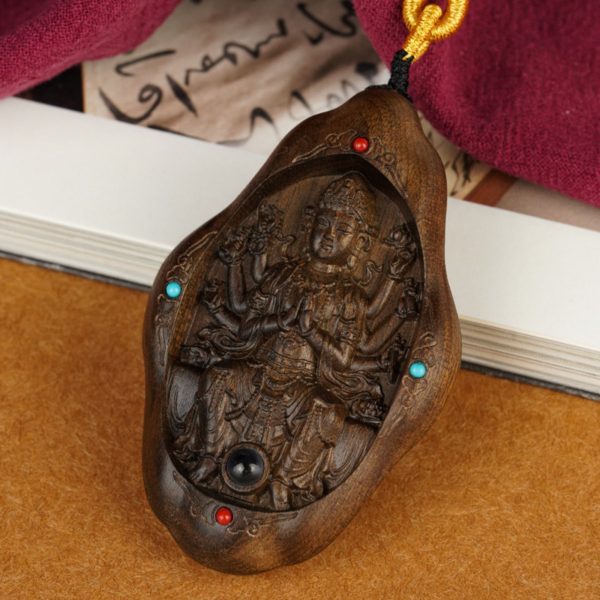 Hand-Carved JinSi Nanmu Thousand-Armed Guanyin Pendant Necklace